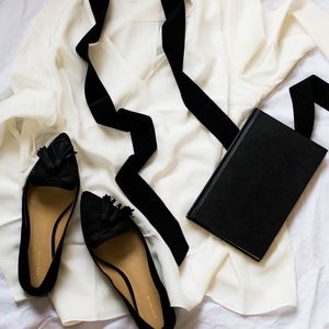 Ann Taylor black suede, tassel loafers.